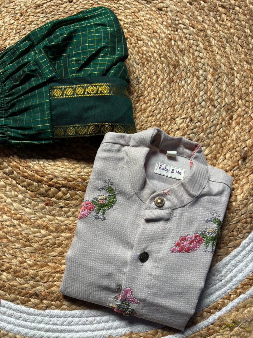 Misty grey Linen Kurta and Bottle green checked dhoti ethnic wear for baby boy