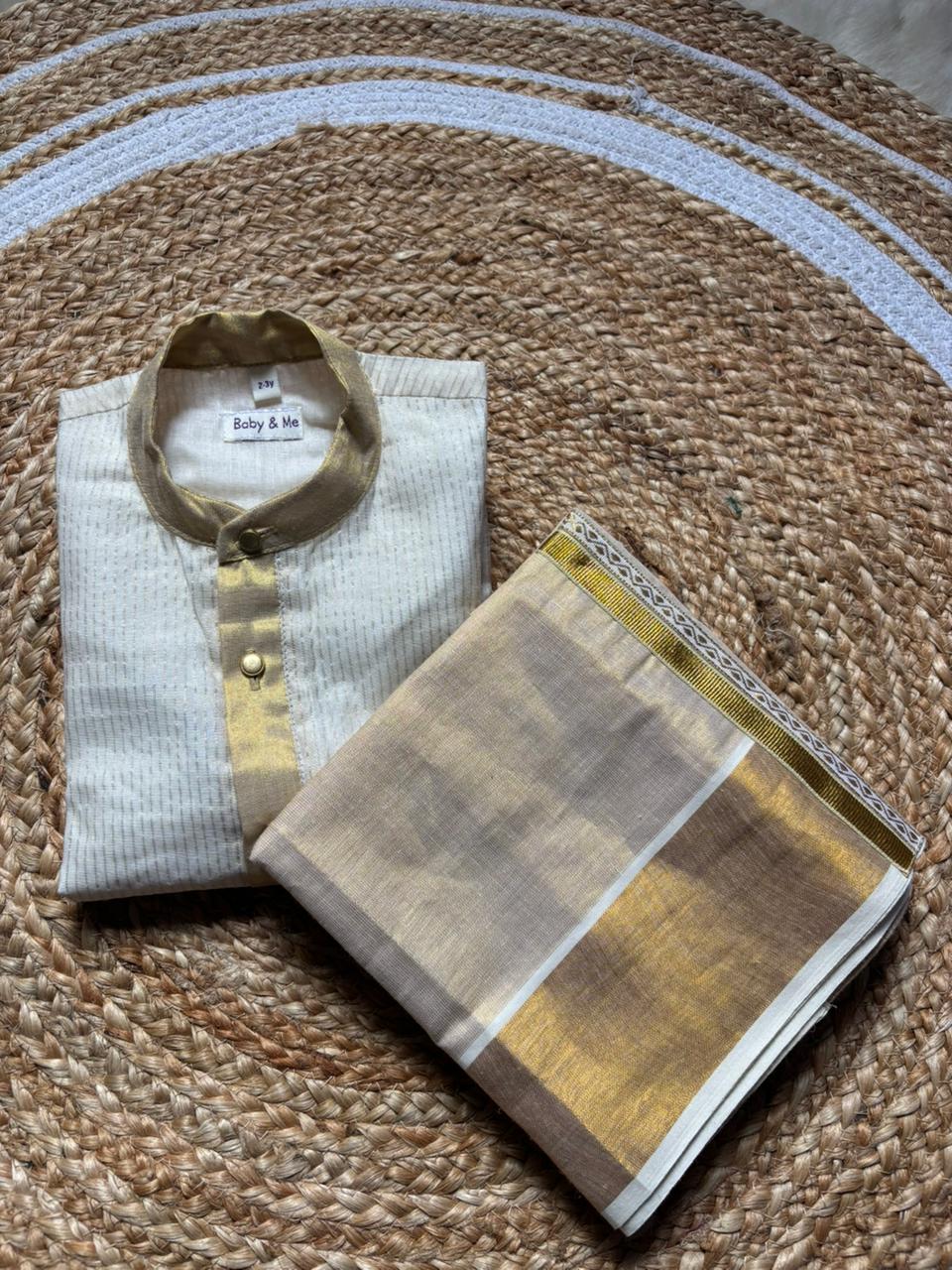 White with gold Kurta and Reshme Beige gold vesti for baby boy
