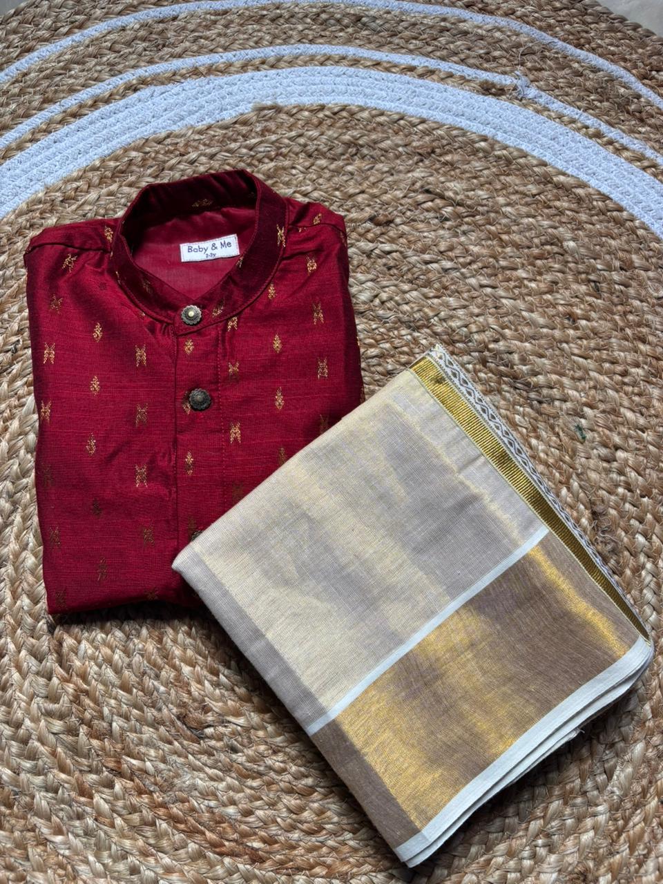 Maroon Kurta & Reshme Beige gold vesti for baby boy