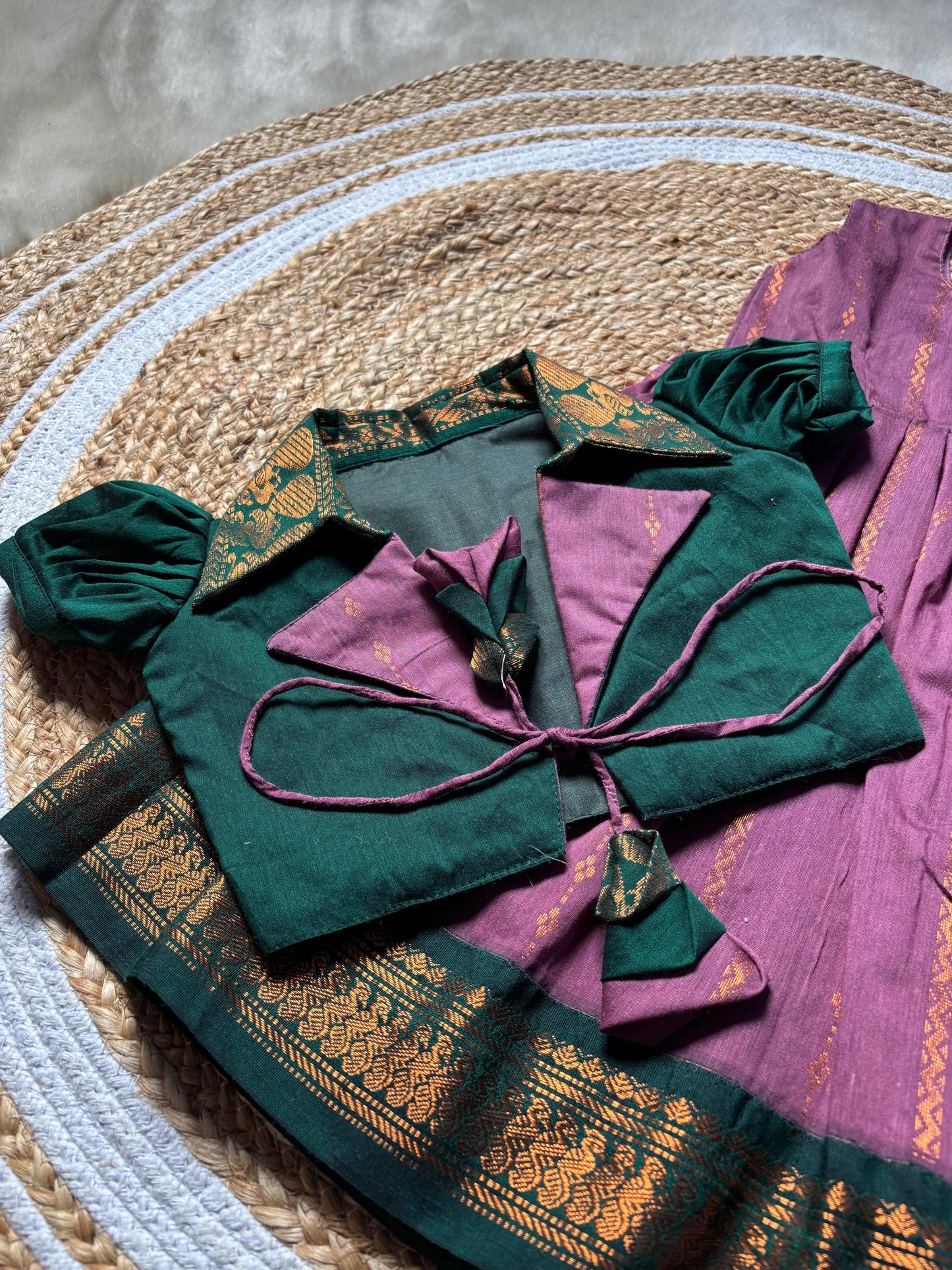 Lavender with bottle green jacket frock South Indian ethnic wear for baby girl