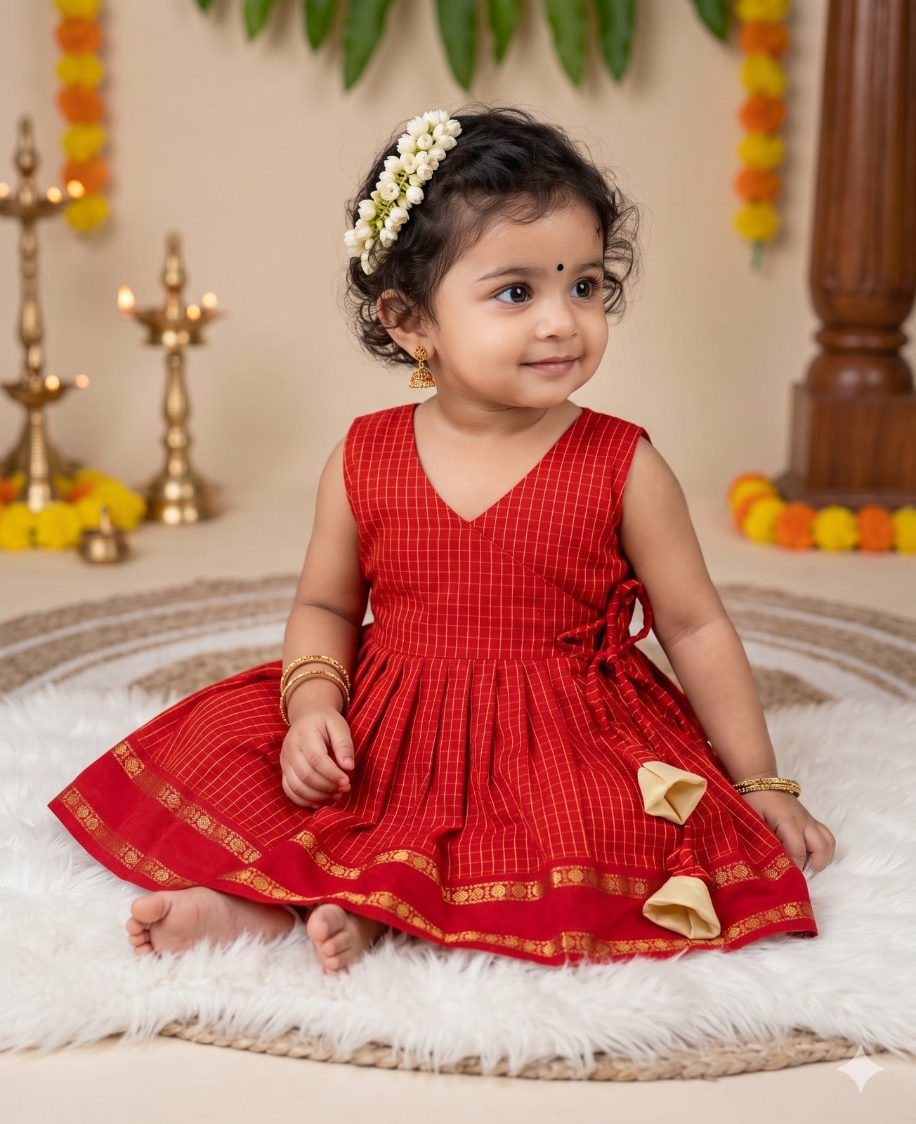 Red checked frock South Indian ethnic wear for baby girl