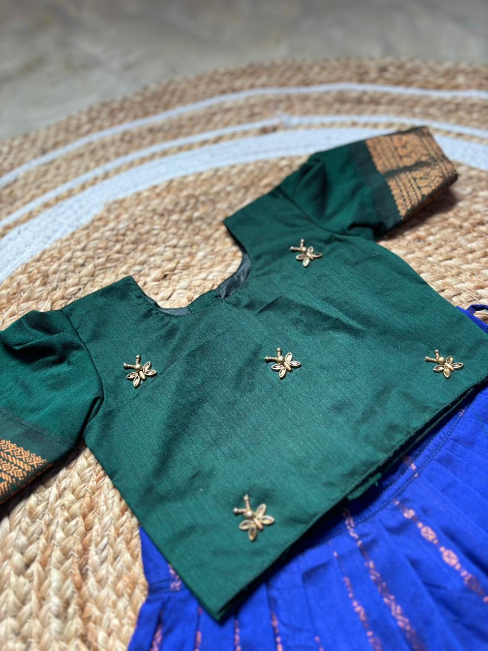 Royal blue and bottle green traditional pavadai set for Baby Girl