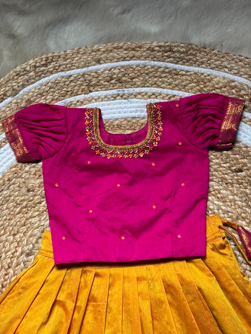 Yellow and Pink Embroided Langa Blouse – Traditional Zari Border Cotton Dress for Baby Girl