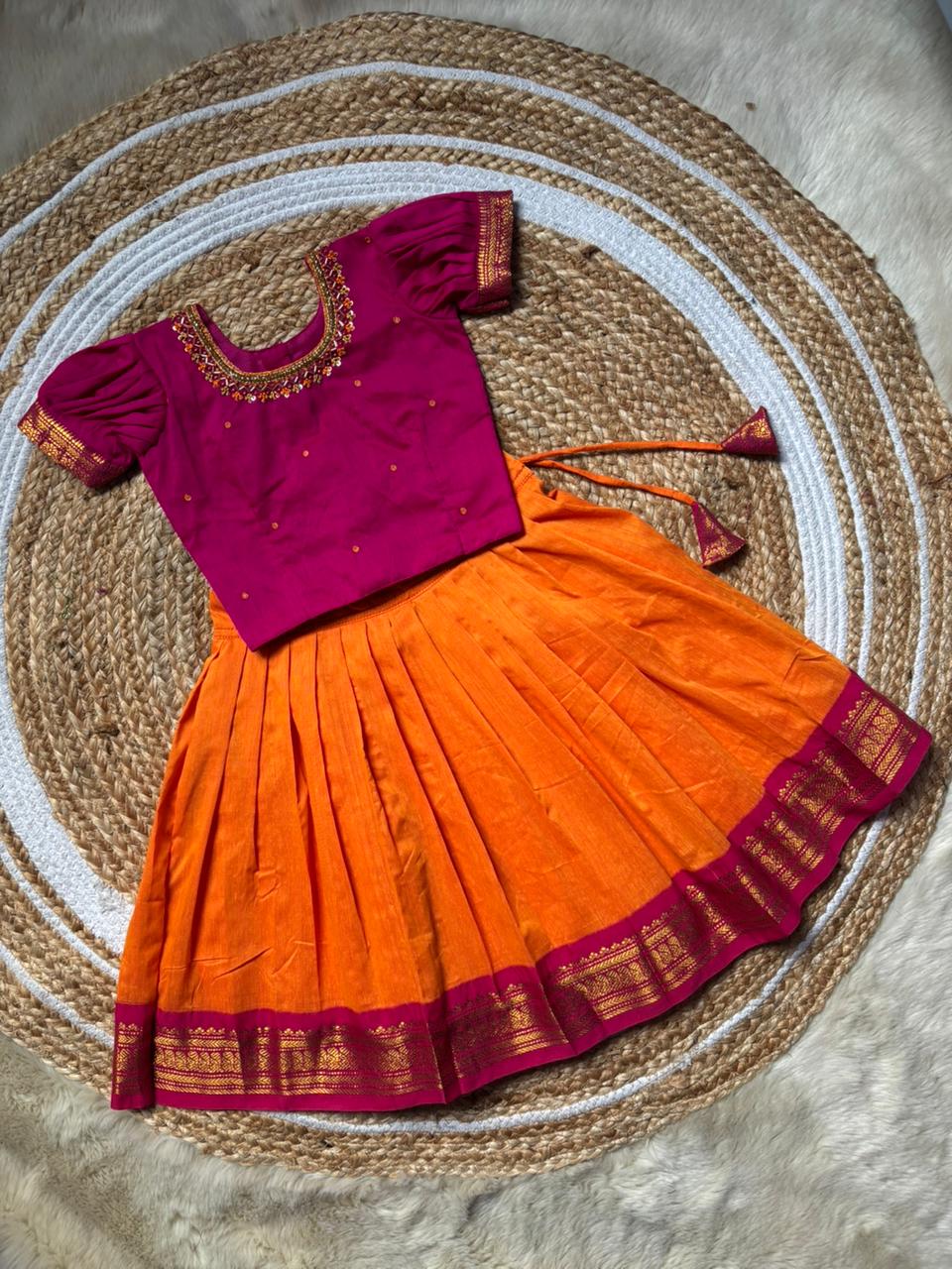 Orange and Pink Embroided Langa Blouse – Traditional Zari Border Cotton Dress for Baby Girl