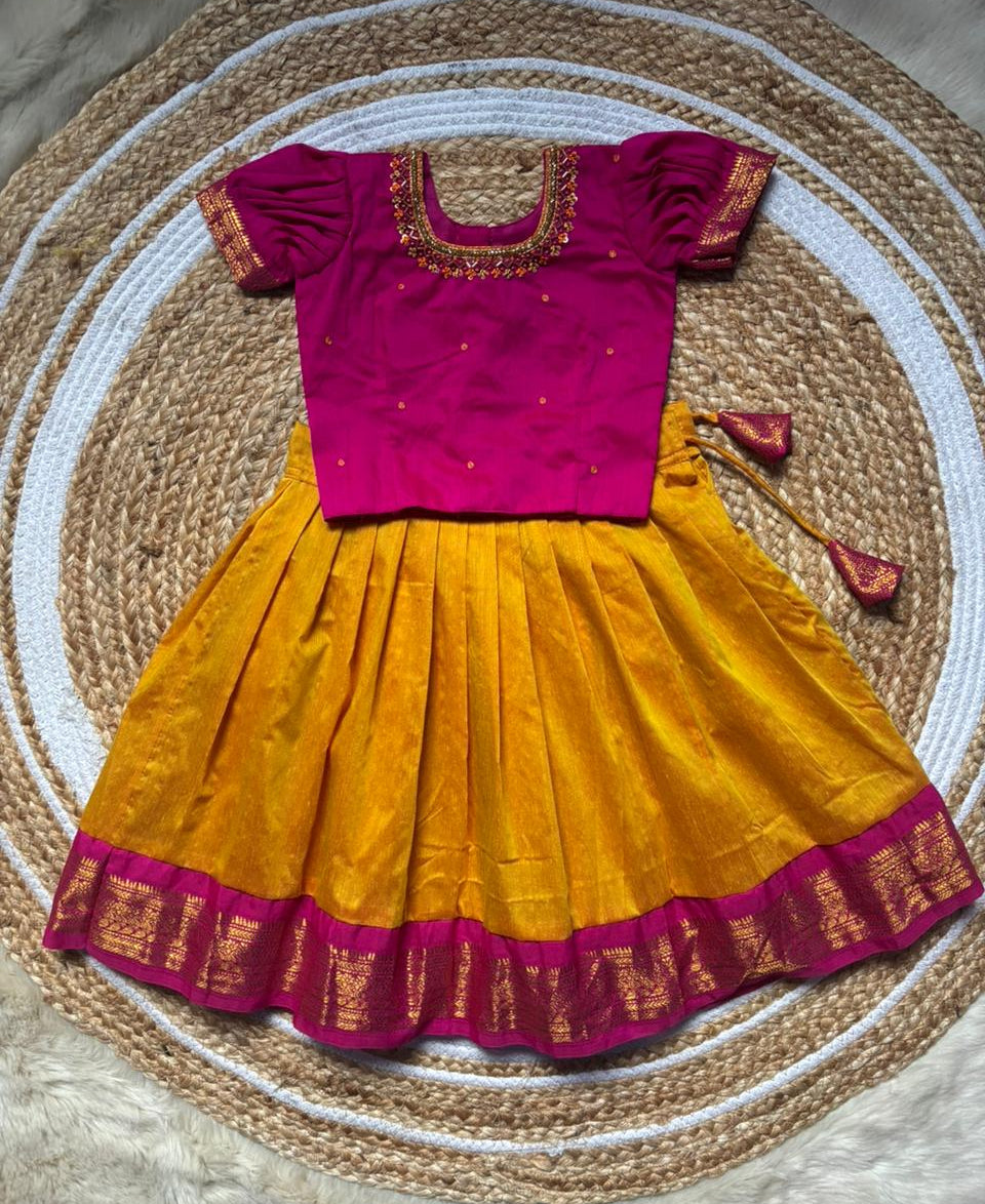 Yellow and Pink Embroided Langa Blouse – Traditional Zari Border Cotton Dress for Baby Girl