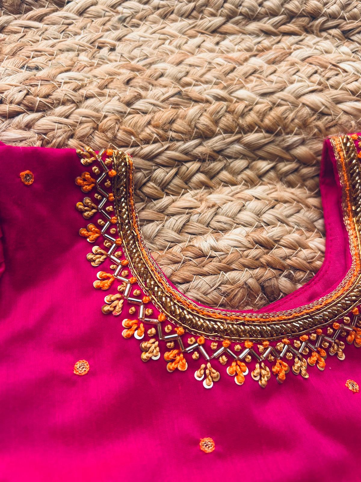 Orange and Pink Embroided Langa Blouse – Traditional Zari Border Cotton Dress for Baby Girl