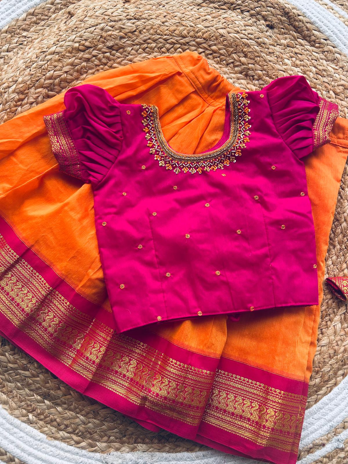 Orange and Pink Embroided Langa Blouse – Traditional Zari Border Cotton Dress for Baby Girl