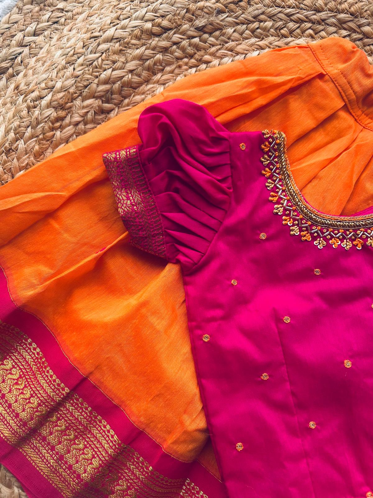 Orange and Pink Embroided Langa Blouse – Traditional Zari Border Cotton Dress for Baby Girl