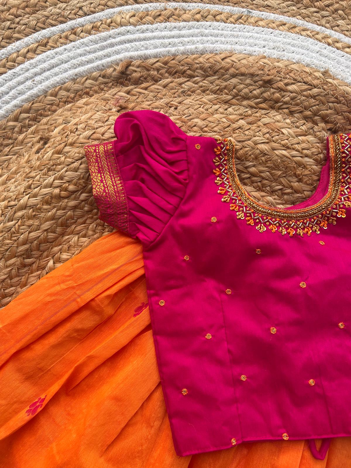 Orange and Pink Embroided Langa Blouse – Traditional Zari Border Cotton Dress for Baby Girl