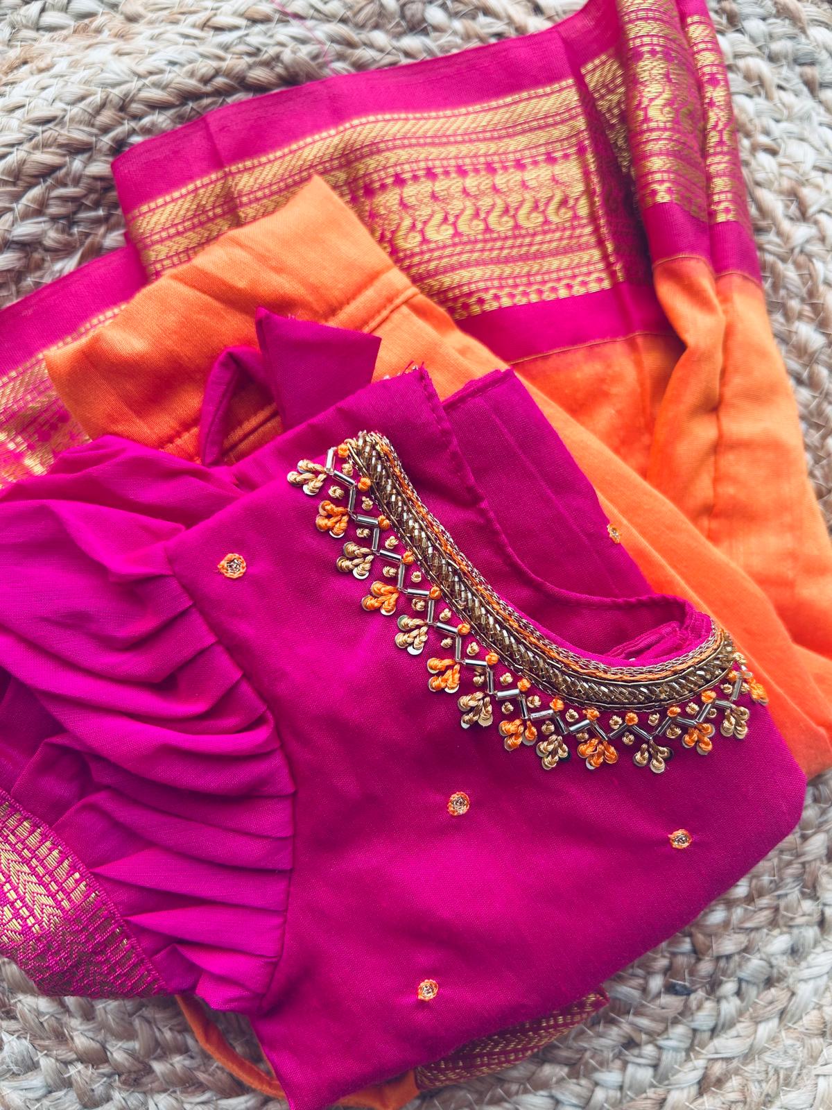 Orange and Pink Embroided Langa Blouse – Traditional Zari Border Cotton Dress for Baby Girl