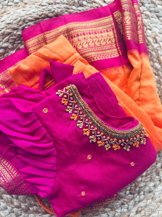 Orange and Pink Embroided Langa Blouse – Traditional Zari Border Cotton Dress for Baby Girl