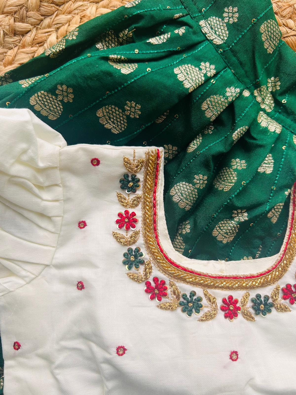 White embroidery blouse and bottle green langa blouse south indian ethnic wear for baby girl