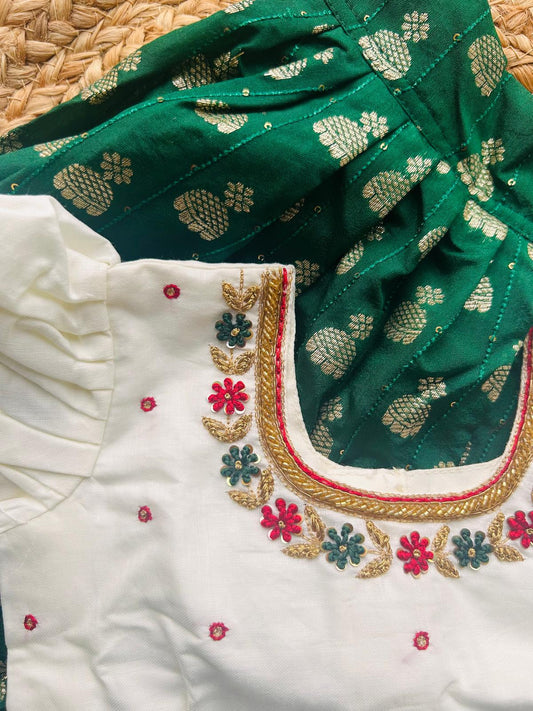 White embroidery blouse and bottle green langa blouse south indian ethnic wear for baby girl