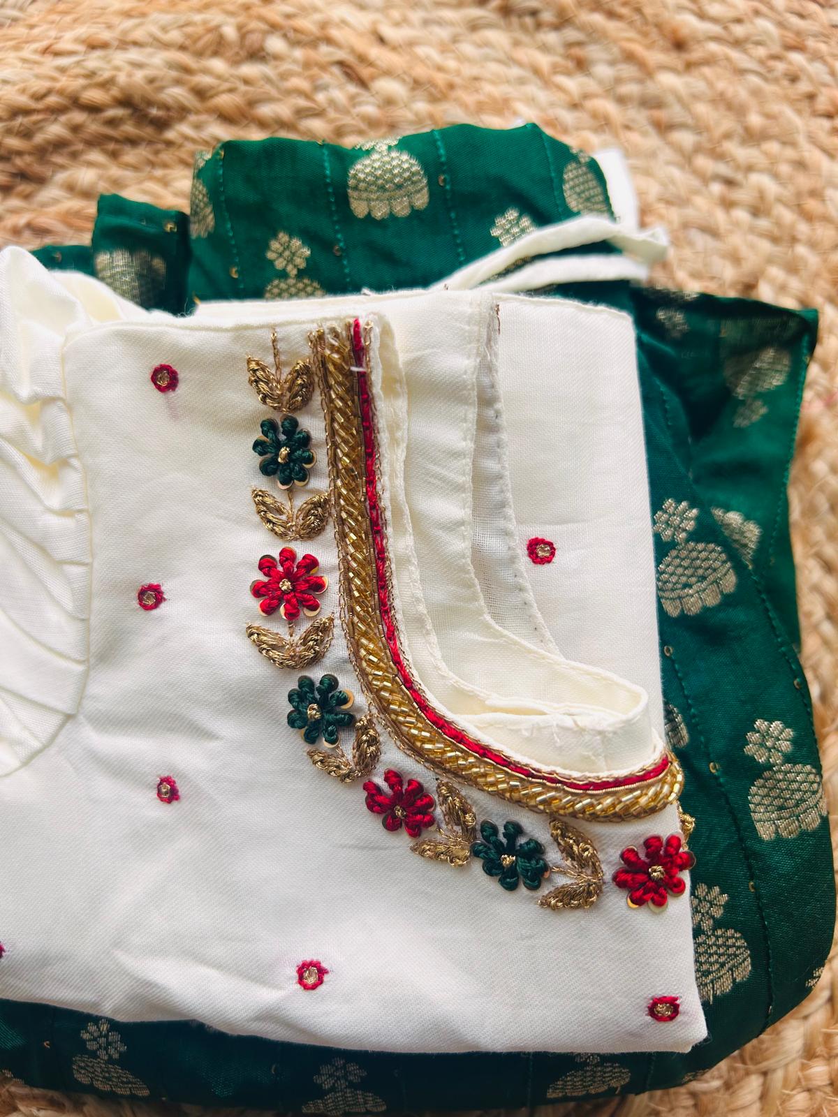 White embroidery blouse and bottle green langa blouse south indian ethnic wear for baby girl