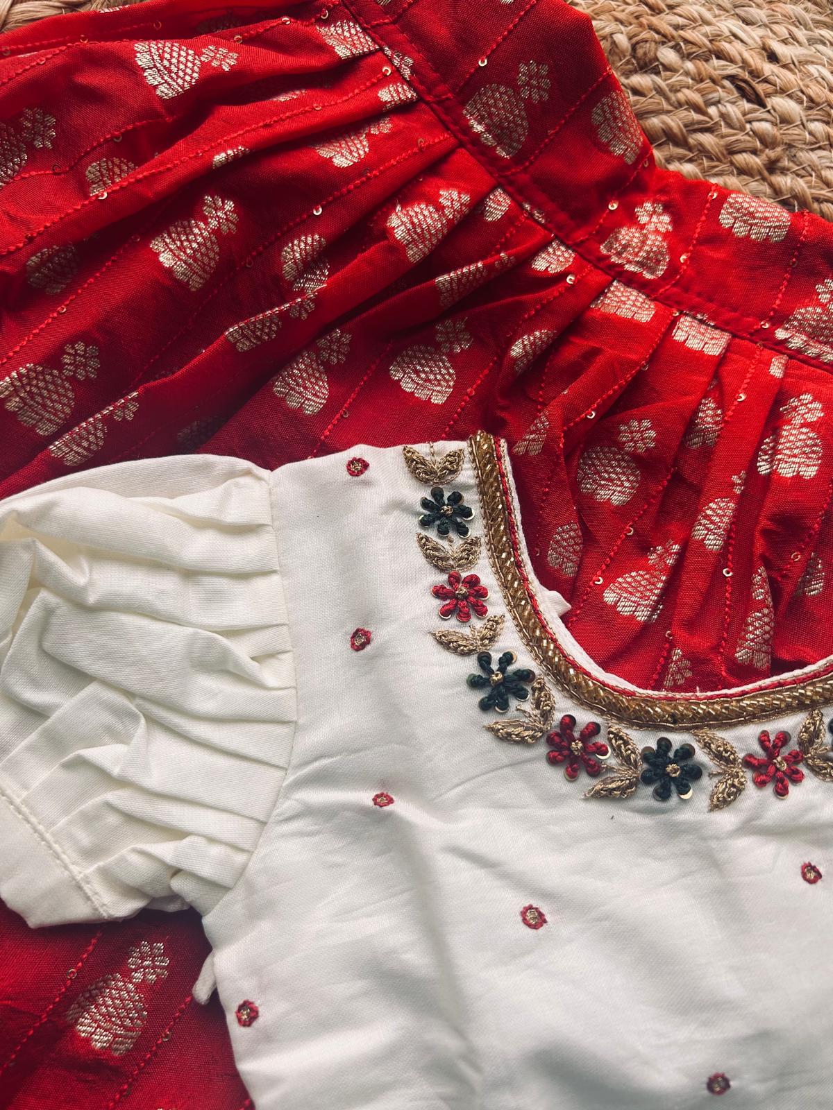 White embroiderd blouse and Red langa blouse south indian ethnic wear for baby girl