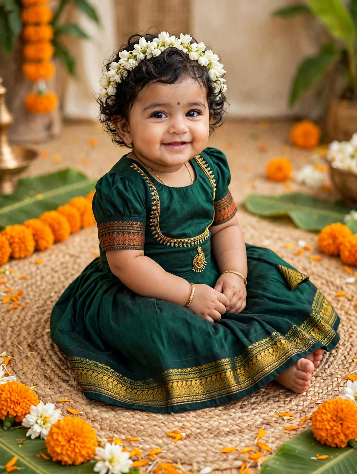 Traditional pavadai pure cotton with zari weaving and hand embroidery Bottle green langa blouse set for baby girl