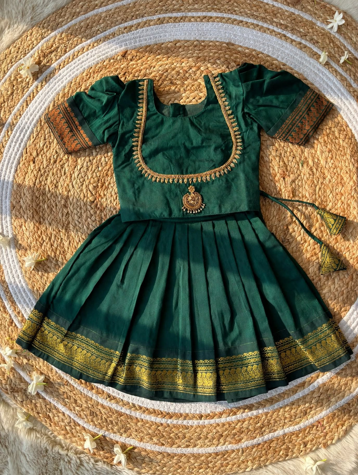 Traditional pavadai pure cotton with zari weaving and hand embroidery Bottle green langa blouse set for baby girl
