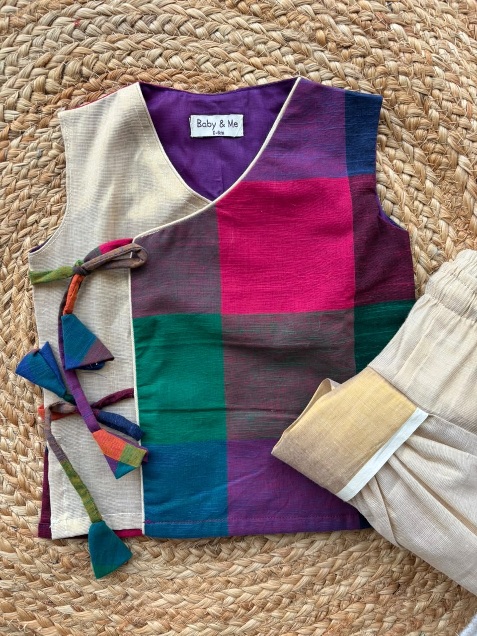 Madras checks angrakha with gold tissue dhoti comfortable ethnic wear for baby boy