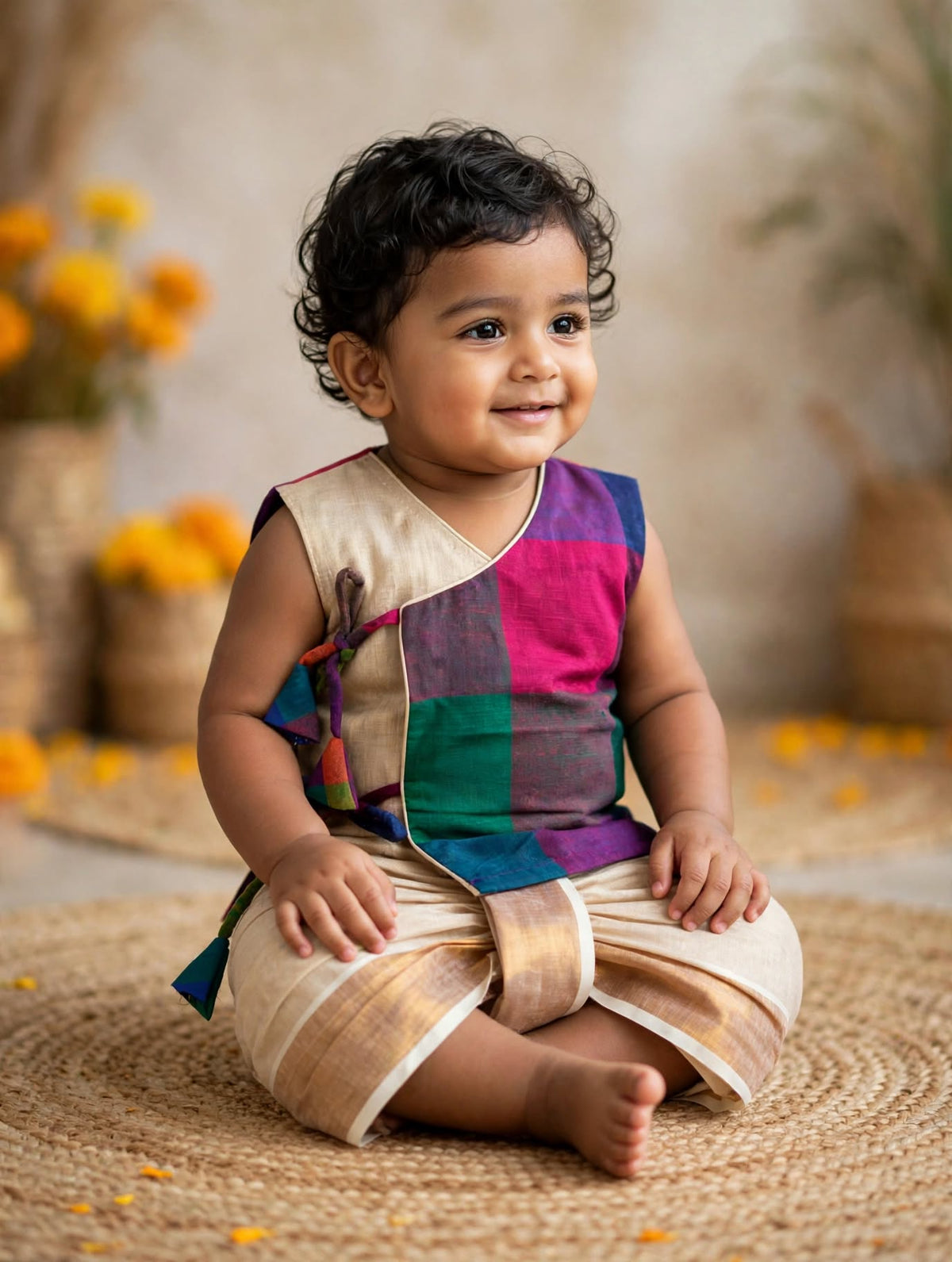 Madras checks angrakha with gold tissue dhoti comfortable ethnic wear for baby boy