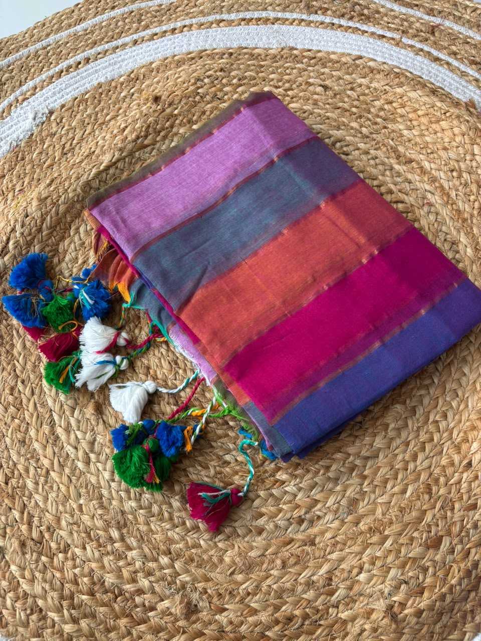 soft mul cotton with kanchi border light weight saree - Multi colour