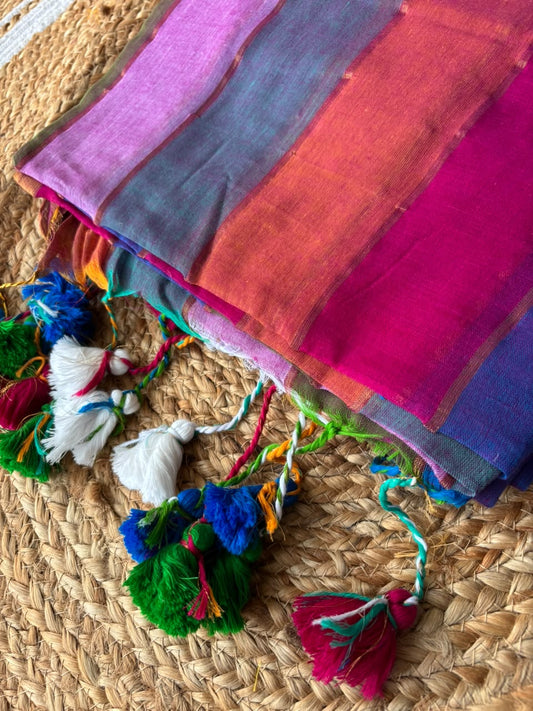 soft mul cotton with kanchi border light weight saree - Multi colour
