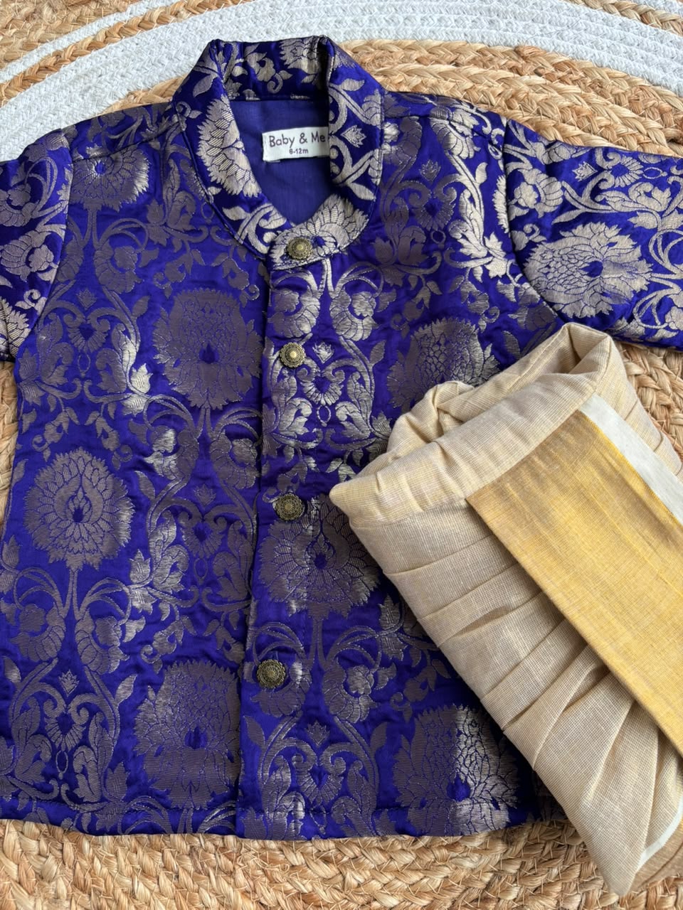 Royal blue banarasi kurta with traditional gold dhoti ethnic wear for baby boy