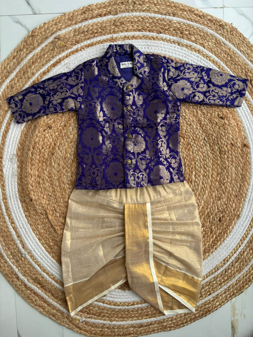 Royal blue banarasi kurta with traditional gold dhoti ethnic wear for baby boy