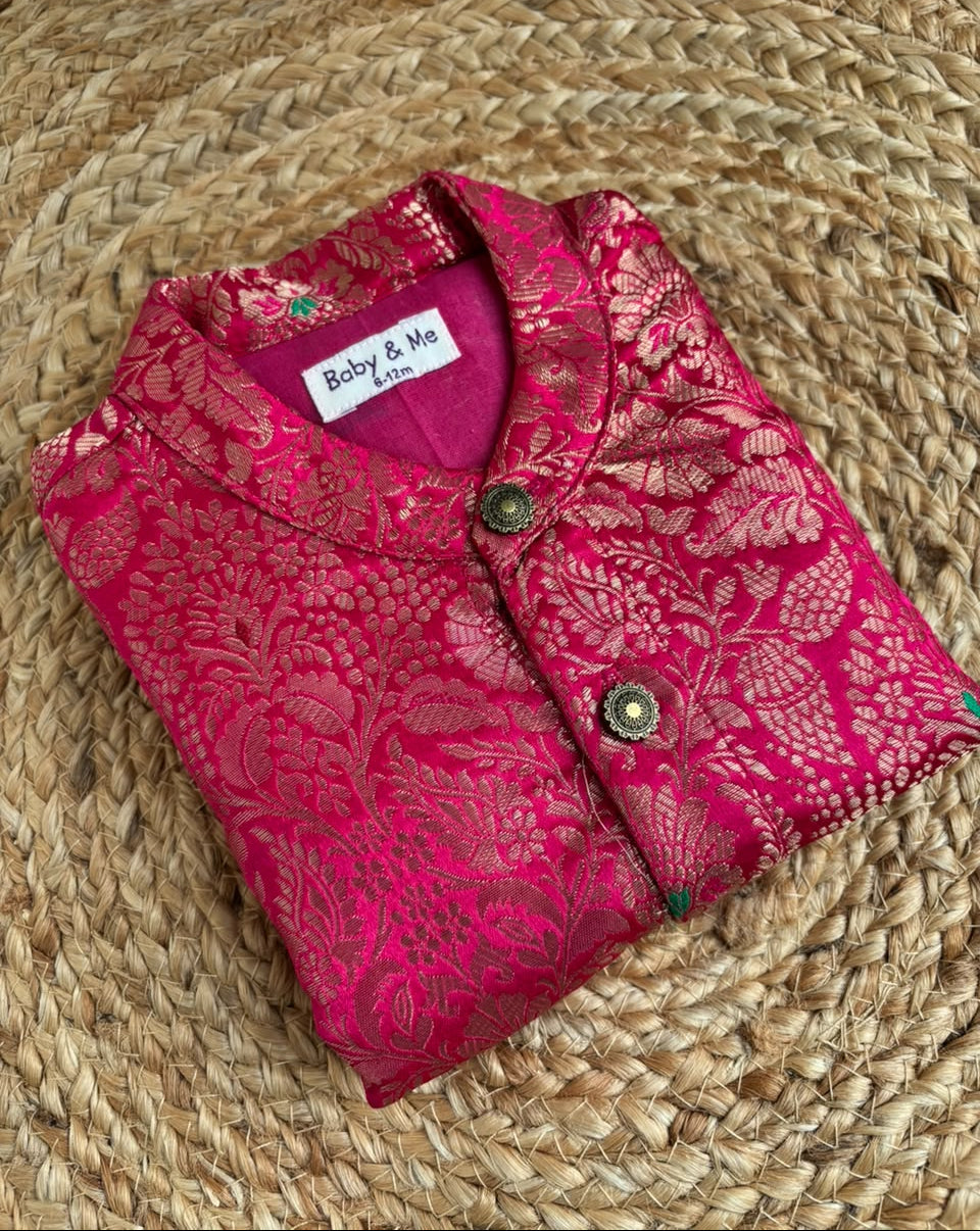 Royal Pink Banarasi Traditional Kurta for baby boy ethnic top wear