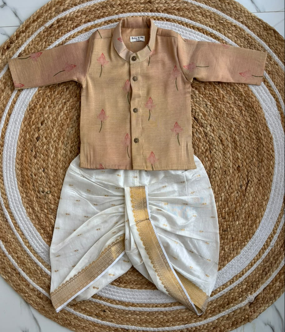 Golden silk with lotus printed kurta with traditional White with gold broder dhoti ethnic wear for baby boy