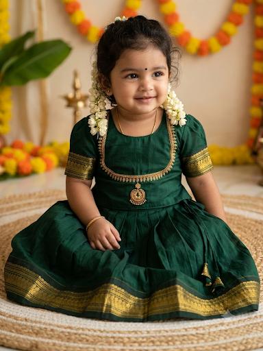 Traditional pavadai pure cotton with zari weaving and hand embroidery Bottle green langa blouse set for baby girl