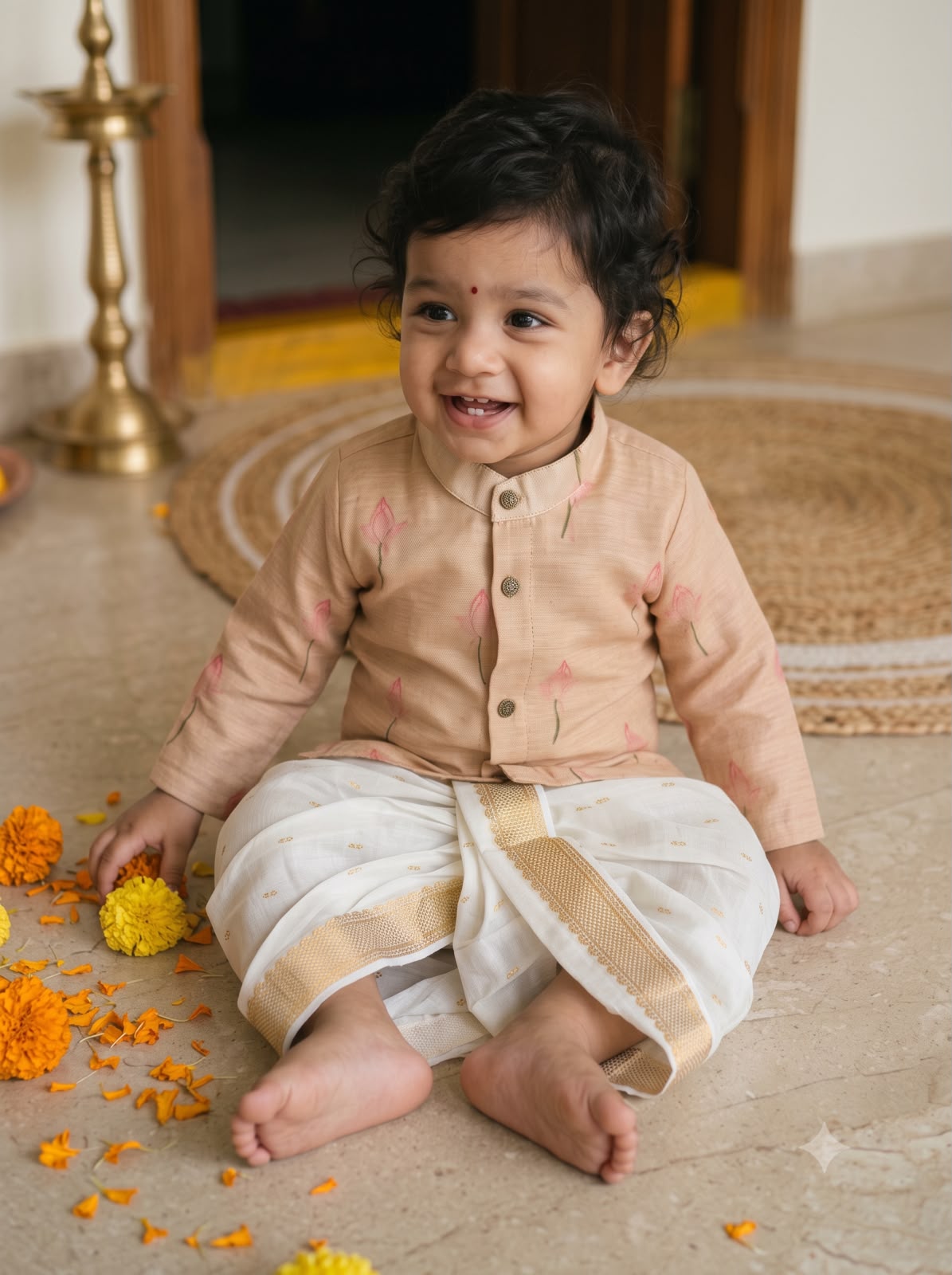 Golden silk with lotus printed kurta with traditional White with gold broder dhoti ethnic wear for baby boy