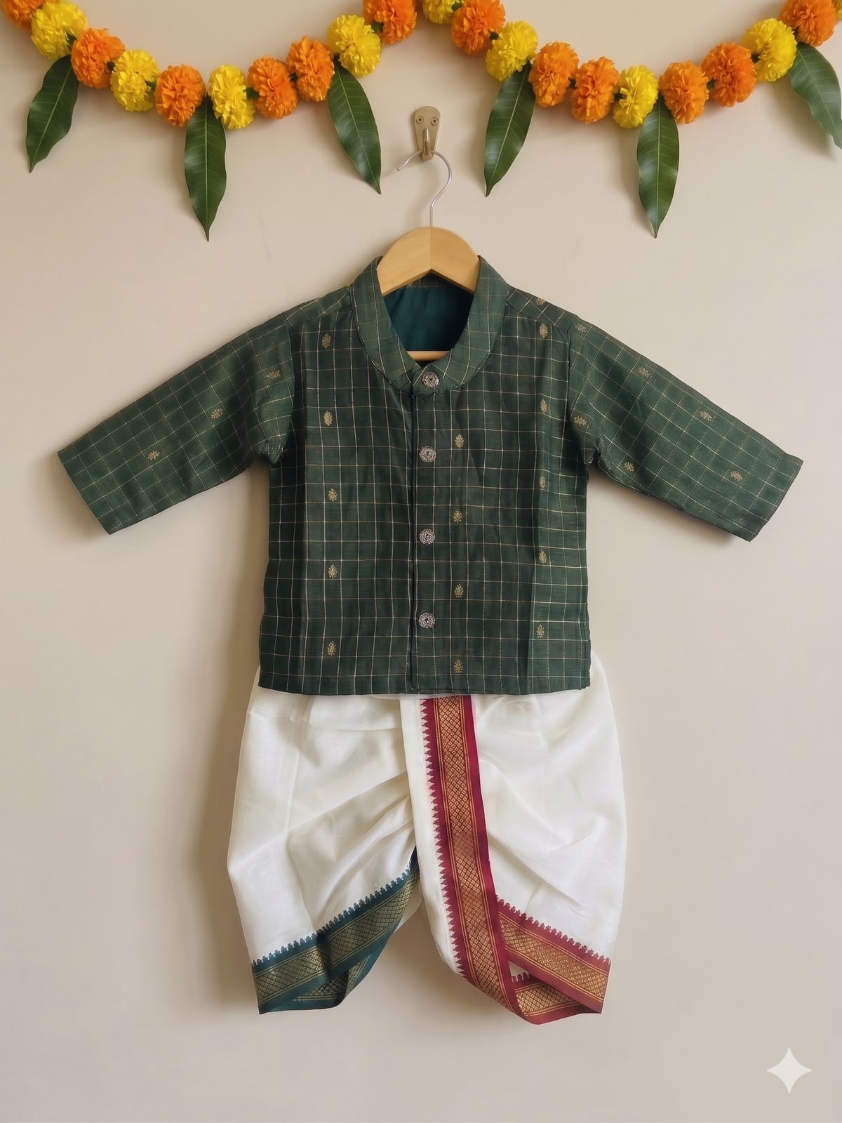 Green Reshme Chowka Kurta with white Traditional Temple Border Dhoti ethnic wear for baby boy