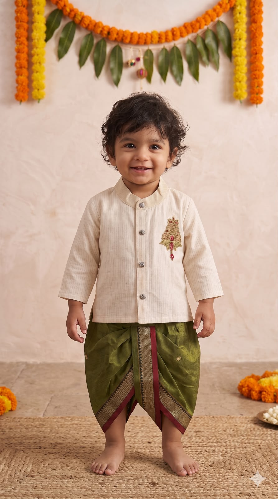 White with gold Traditional Temple Embroidered Kurta with Olive Green Dhoti for baby boy
