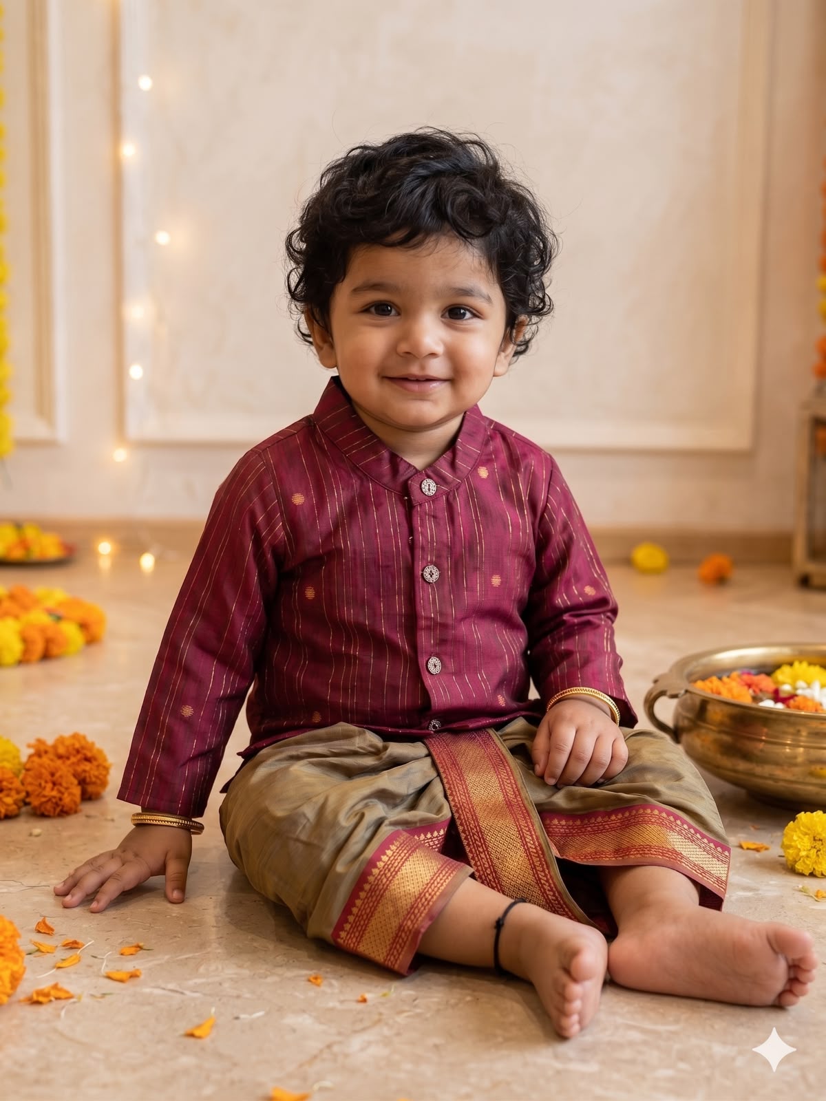 Maroon & Gold Striped Kurta with Sage Green Dhoti Traditional ethnic wear for baby boy