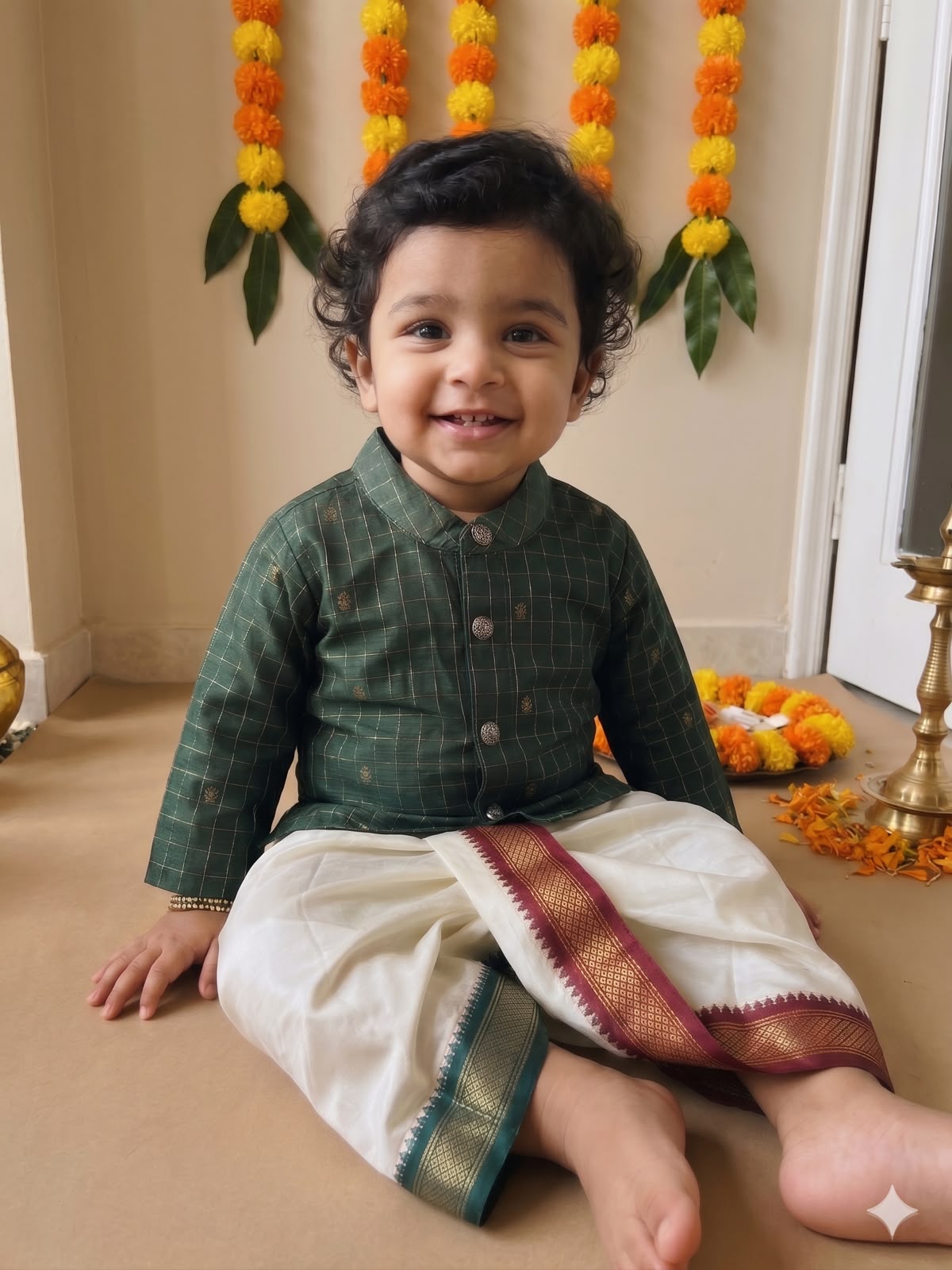 Green Reshme Chowka Kurta with white Traditional Temple Border Dhoti ethnic wear for baby boy