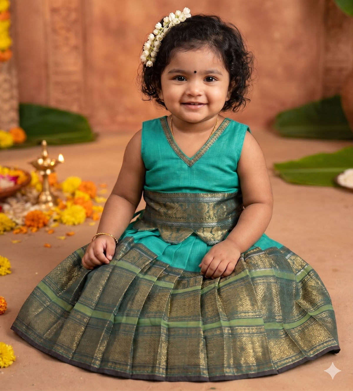 Festive Rama Green Traditional langa blouse pure kanchi cotton weave sleeveless for baby girl