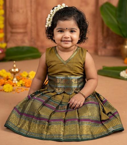 Olive Green Traditional langa blouse pure kanchi cotton weave sleeveless for baby girl