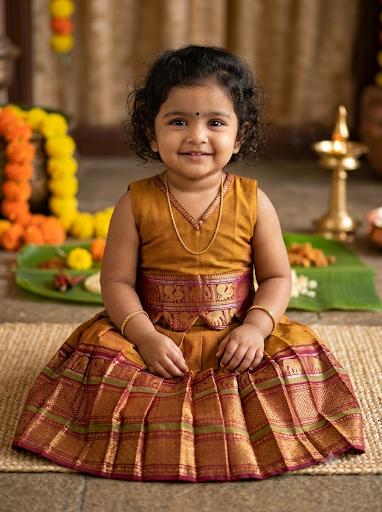 Mustard Yellow & Deep Maroon Traditional langa blouse pure kanchi cotton weave sleeveless for baby girl
