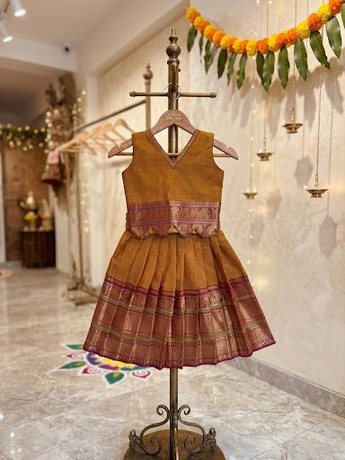 Mustard Yellow & Deep Maroon Traditional langa blouse pure kanchi cotton weave sleeveless for baby girl
