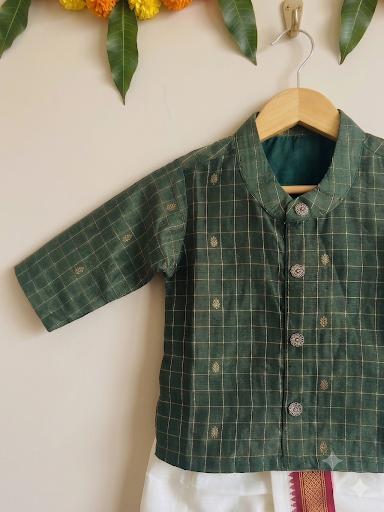 Green Reshme Chowka Kurta with white Traditional Temple Border Dhoti ethnic wear for baby boy