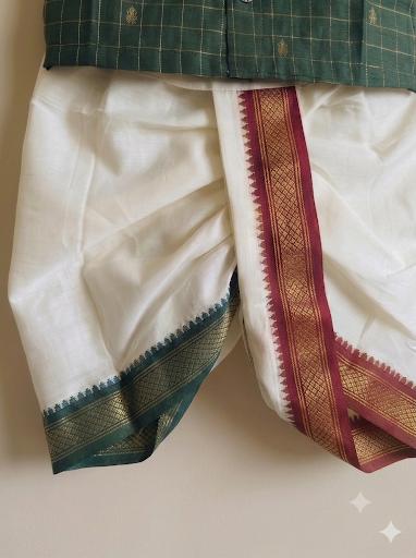 Green Reshme Chowka Kurta with white Traditional Temple Border Dhoti ethnic wear for baby boy