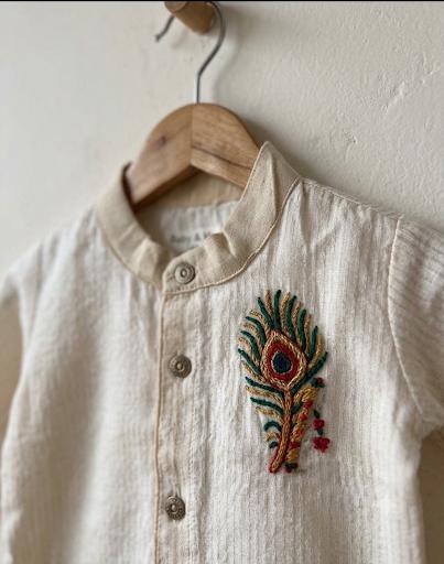 White with Gold Traditional Peacock Feather Embroidery with Peacock Blue Dhoti  for baby boy