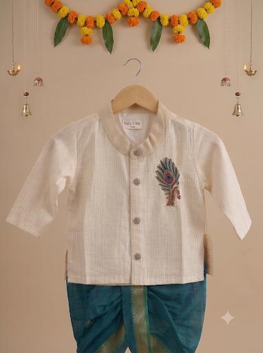 White with Gold Traditional Peacock Feather Embroidery with Peacock Blue Dhoti  for baby boy