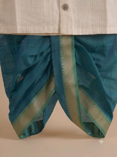 White with Gold Traditional Peacock Feather Embroidery with Peacock Blue Dhoti  for baby boy