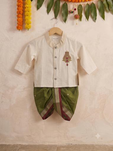 White with gold Traditional Temple Embroidered Kurta with Olive Green Dhoti for baby boy