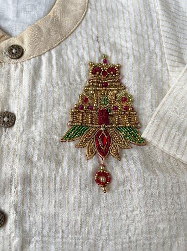 White with gold Traditional Temple Embroidered Kurta with Olive Green Dhoti for baby boy