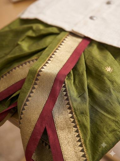 White with gold Traditional Temple Embroidered Kurta with Olive Green Dhoti for baby boy