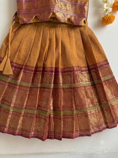 Mustard Yellow & Deep Maroon Traditional langa blouse pure kanchi cotton weave sleeveless for baby girl