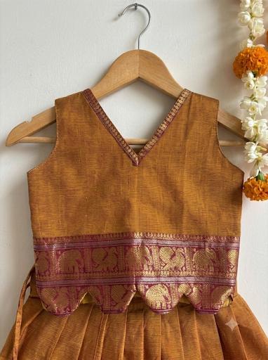 Mustard Yellow & Deep Maroon Traditional langa blouse pure kanchi cotton weave sleeveless for baby girl