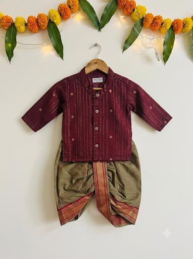 Maroon & Gold Striped Kurta with Sage Green Dhoti Traditional ethnic wear for baby boy